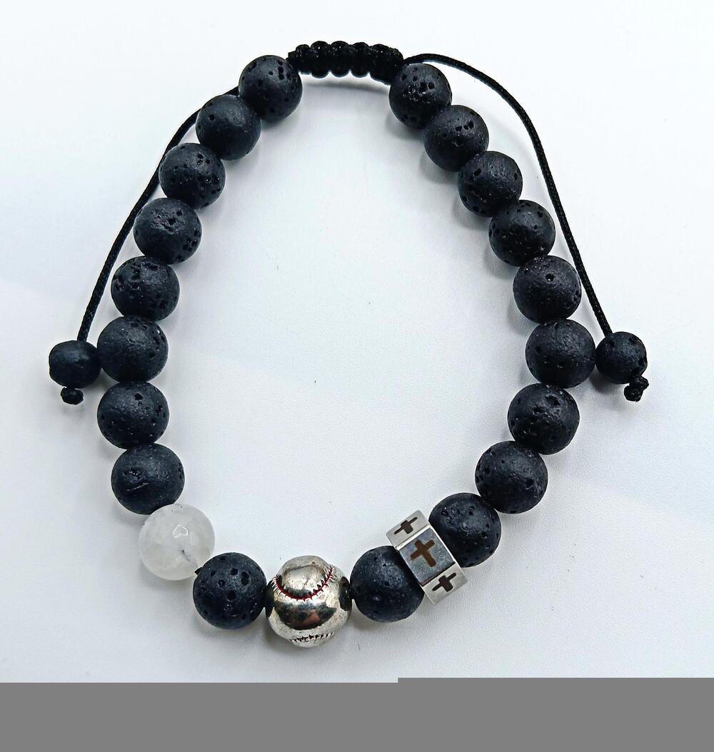 New in Box Men's Black Lava Stone Baseball-Faith Adjustable Bracelet